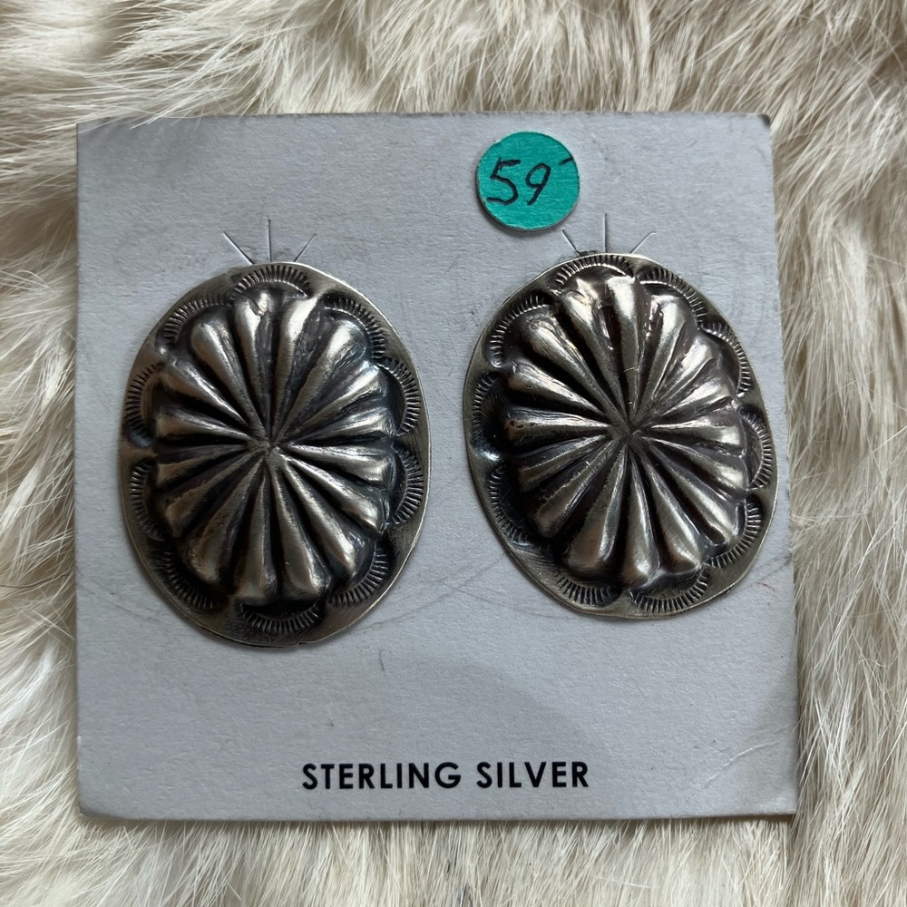 Sterling Silver Concho Earrings - Oval Floral Design